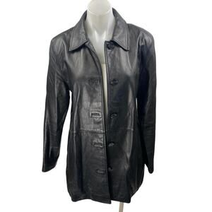 JLC 100% Leather Women's Black Button Down Collar Long Sleeve Coat Jacket Size M